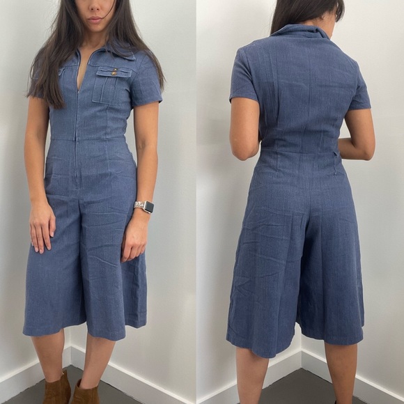 Vintage Pants - Vintage Chambray Style Cropped Wide Leg Culotte Short Sleeve Jumpsuit Size S